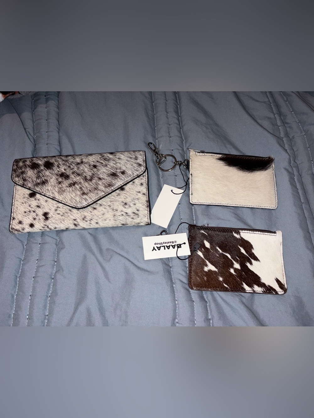 NEW BAALAY Cowhide genuine leather Envelope Wallet & Card Set in Brown and White